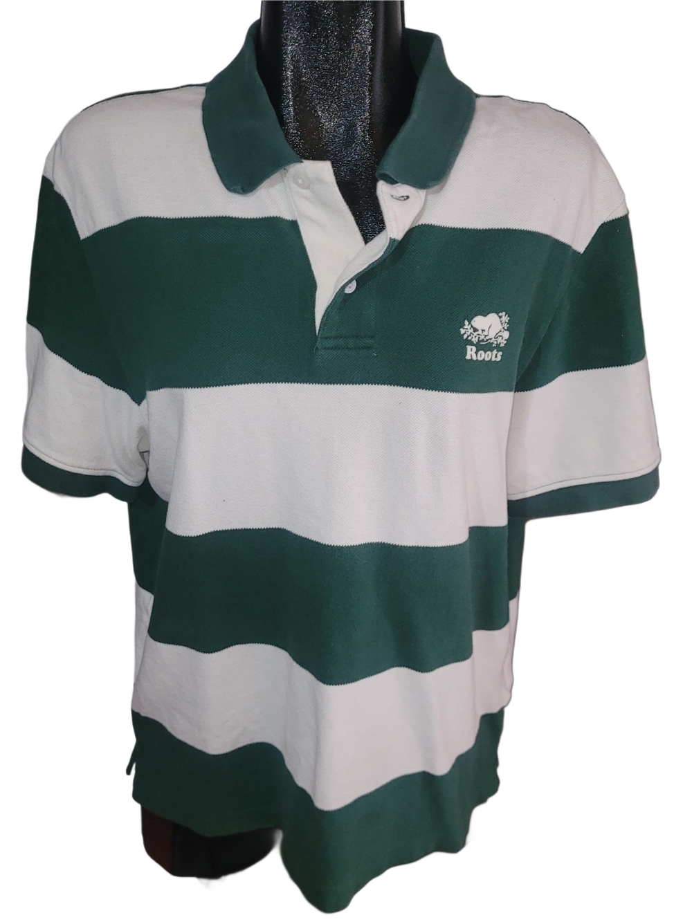 Roots Men's Green and White Striped Polo Shirt Size L